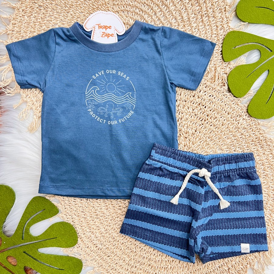 Conj. Camiseta Save our Seas e Bermuda - Azul Jeans